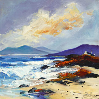 A vibrant painting of a coastal landscape with waves crashing onto the shore under a dynamic sky. By Dronma